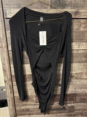 SHEIN Black Long-Sleeve Ruched Front Bodysuit